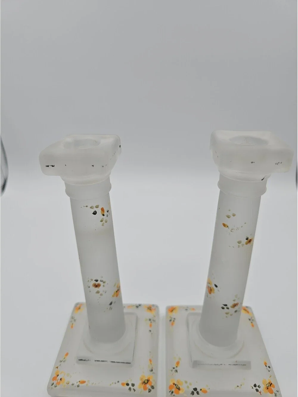 Vintage Hand Painted Satin Frosted Glass Candlestick Holders Pair Floral